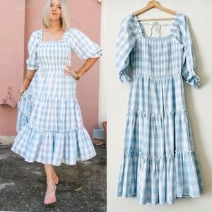 Ivy City Co Mia pastel blue and white gingham checkered dress